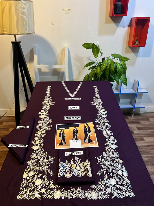 Embroidered 2Pc Lawn Unstitched Summer Dress Plum - DM-05