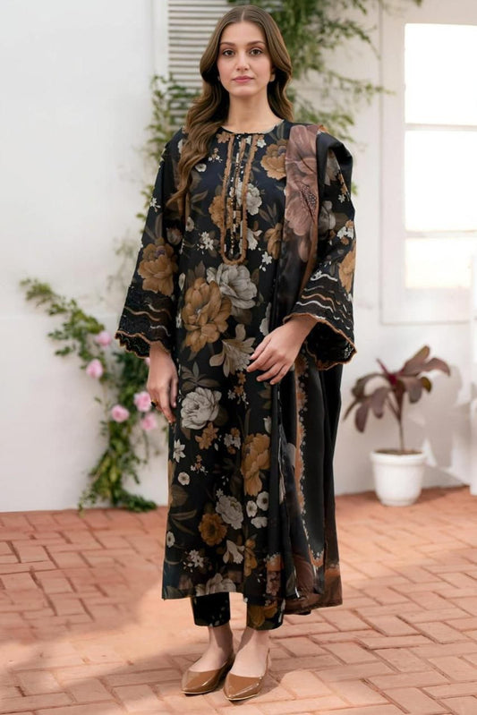 ✨ Linen Embroidered Unstitched Suit with Organza Patches ✨